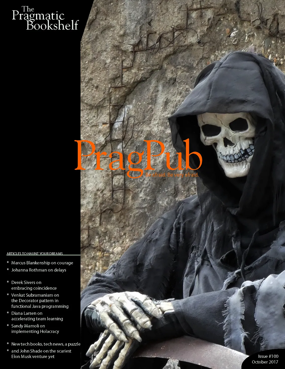 Cover from PragPub Magazine, October 2017 featuring a seated person dressed as the Grim Reaper.