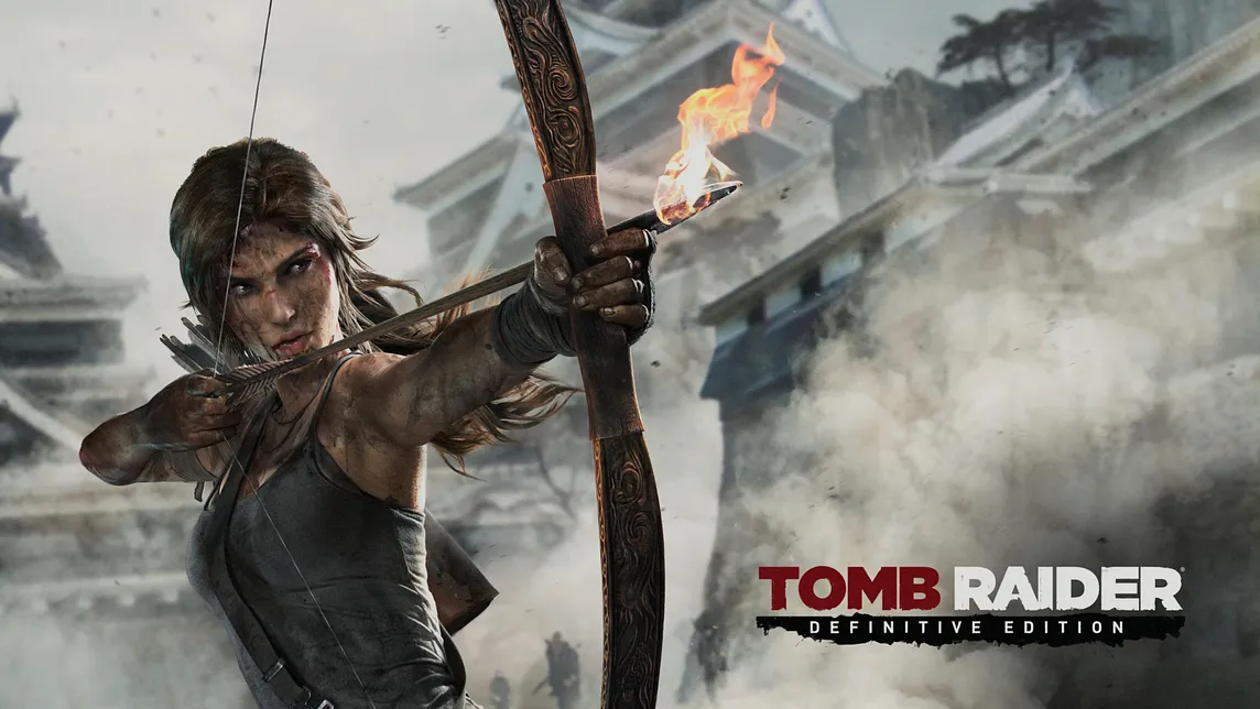 The splash screen that shows up when you boot Tomb Raider Definitive Edition on a console, showing Lara Croft aiming a bow and arrow.
