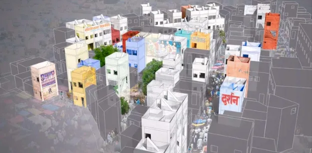 Digital rendering of incremental housing in a slum in India