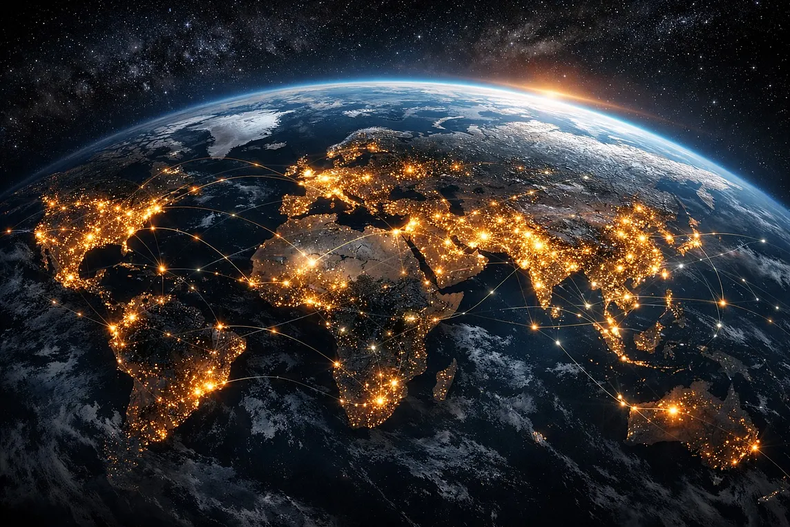 IMAGE: A hyper-realistic view of Earth from space at night, with continents glowing in clusters of light and interconnected by bright digital lines, suggesting multiple centers of technological power spread across the world rather than a single dominant axis