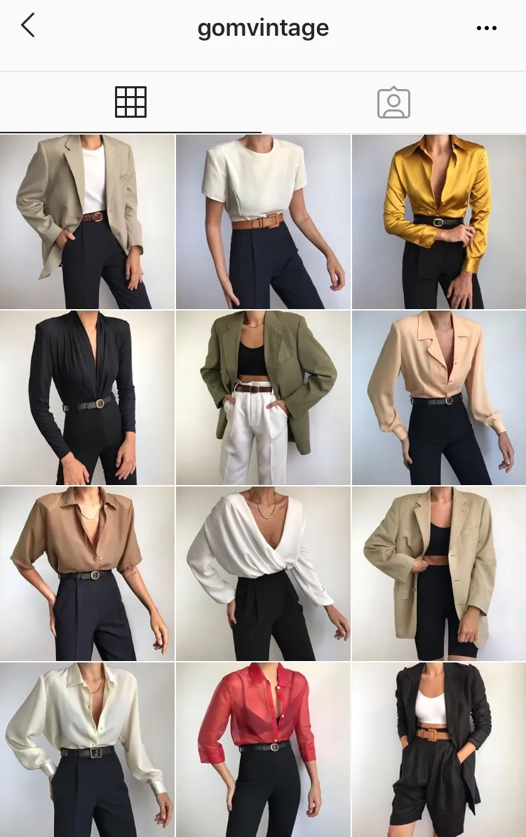 A screenshot of an instagram seller showcasing their slacks, blazers and shirts for sale.