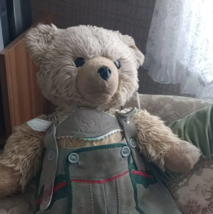 shows photo of champagne teddy bear wit a Bavarian Lederhosen und elegant red shoes! he is Hardy the teddy my parents used.