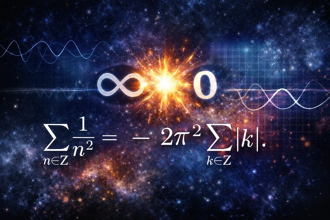 A background consisting of stars in the universe and an explosion in the middle that looks like a product sign between an infinity symbol and a zero. An equation of divergent series in the foreground comes from the Poisson summation formula.