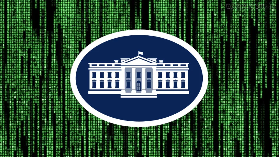 The logo for the White House, superimposed over a Matrix ‘code waterfall’ effect.