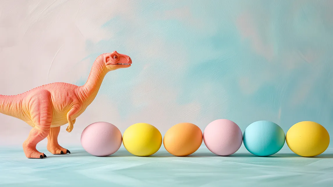 A toy dinosaur stands next to a row of pastel-colored eggs on a light blue background