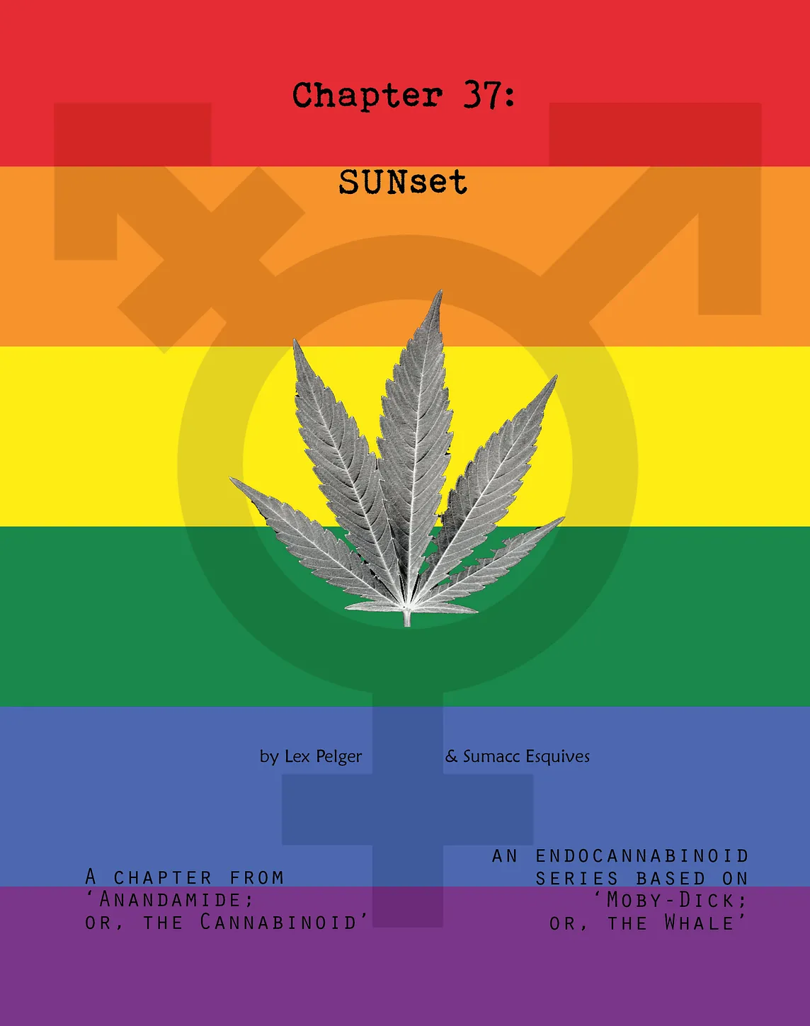 The cover of graphic novel ‘SUNset’ by Lex Pelger. A grey cannabis leaf on a rainbow-striped background. The leaf has the gender inclusivity symbol around it. Image © Lex Pelger.