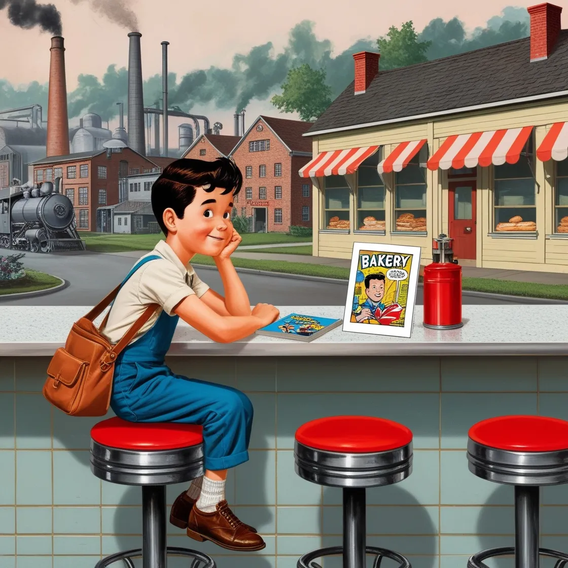 Boy sitting at lunch counter, industrial buildings & Bakery building in background view.