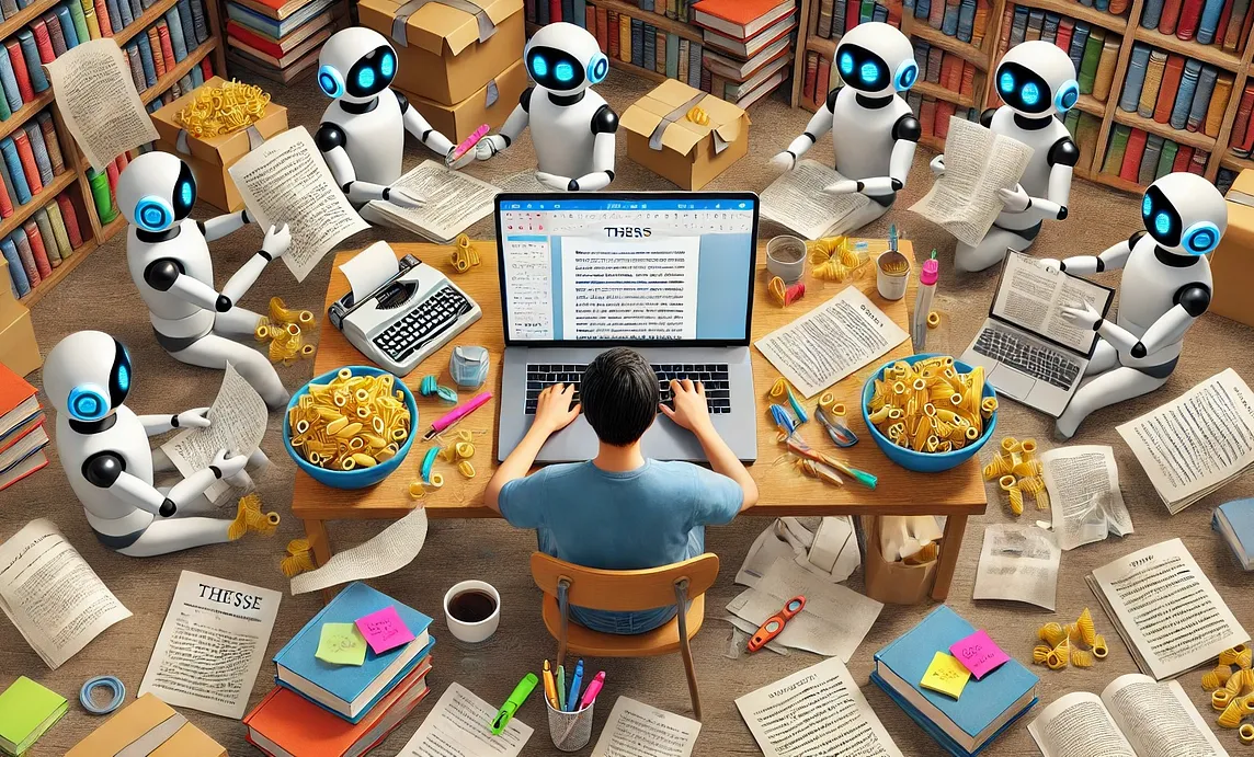 A person working on a laptop in a cluttered room surrounded by robots, each assisting with various tasks related to writing a thesis. The desk is covered with notes, printed pages, highlighters, bowls of pasta, and multiple screens displaying academic work. The robots are holding papers, typing on laptops, and helping organize the space filled with books and documents.