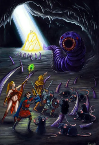 An adventuring party battles giant rats as a giant purple worm approaches. Light shines on a stone pedestal in the background.