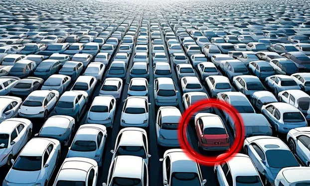 A sea of white cars stretches infinitely in every direction. A single red car has been highlighted with a neon circle.