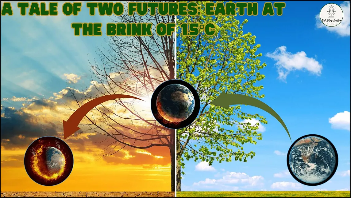 A contrasting image showing two visions of Earth, one depicting a fiery, desolate planet and the other a thriving, green world, symbolizing the outcomes of our climate action choices.