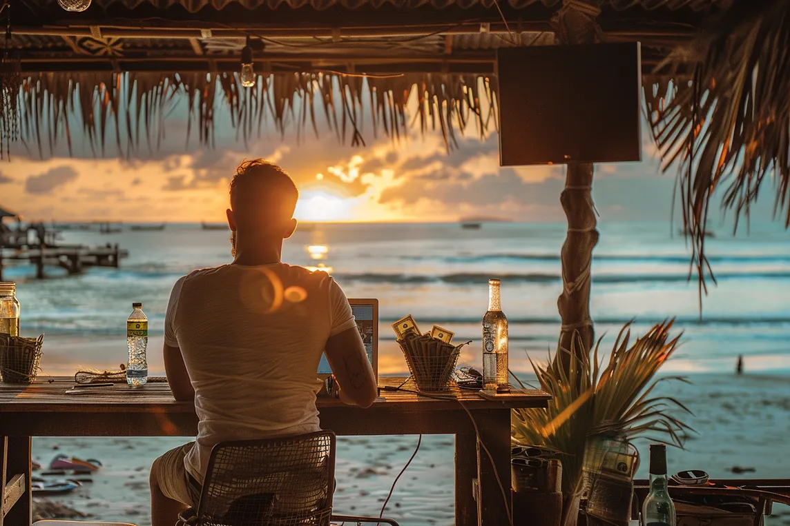 Digital nomad sitting on the beach with his laptop in front of him with a pile of dollars in a glass in front of him