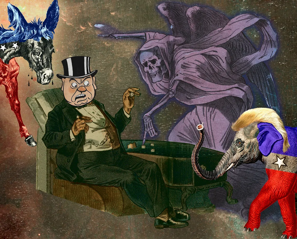 A pig-faced billionaire in tux and top-hat reclines on a lounger, dicing with the Angel of Death on a table made from a coffin; they float in a black, formless void. In the bottom left corner is a GOP-liveried elephant with Trump hair. In the top right corner is a Dem-liveried sickly, spavined jackass.