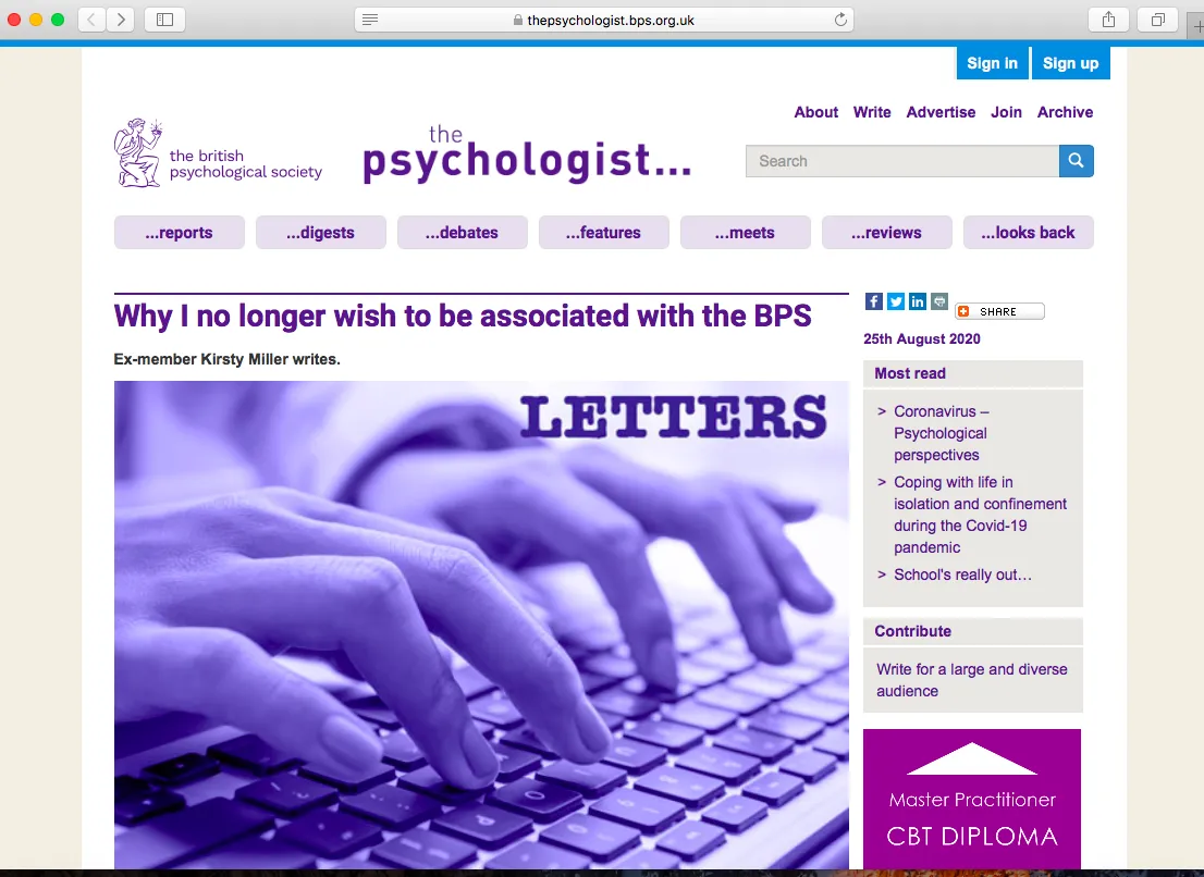 The now ‘cancelled’ letter to the British Psychological Society