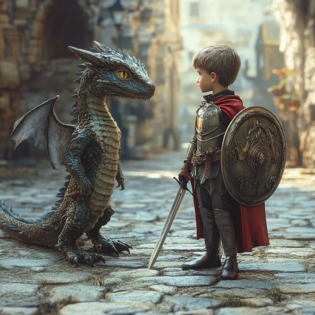 A young squire meets a baby dragon.