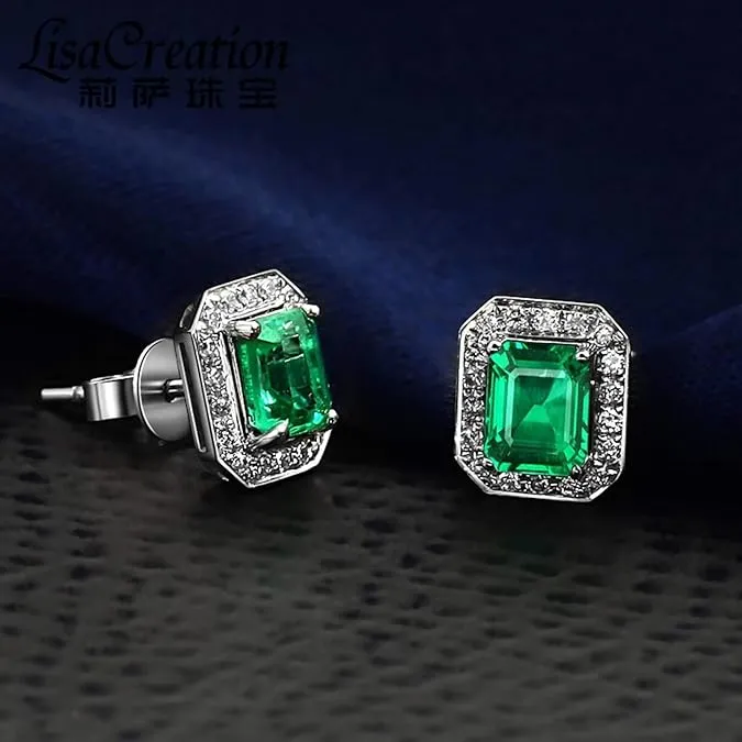 Genuine 18K White Gold Stud Earrings for Women Square Earring with Emerald 1.27ct