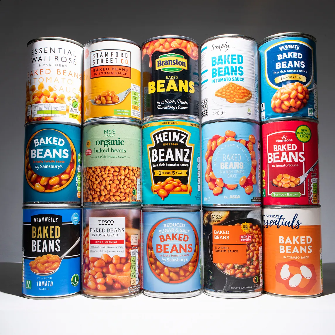 A tower of fifteen tins of baked beans.