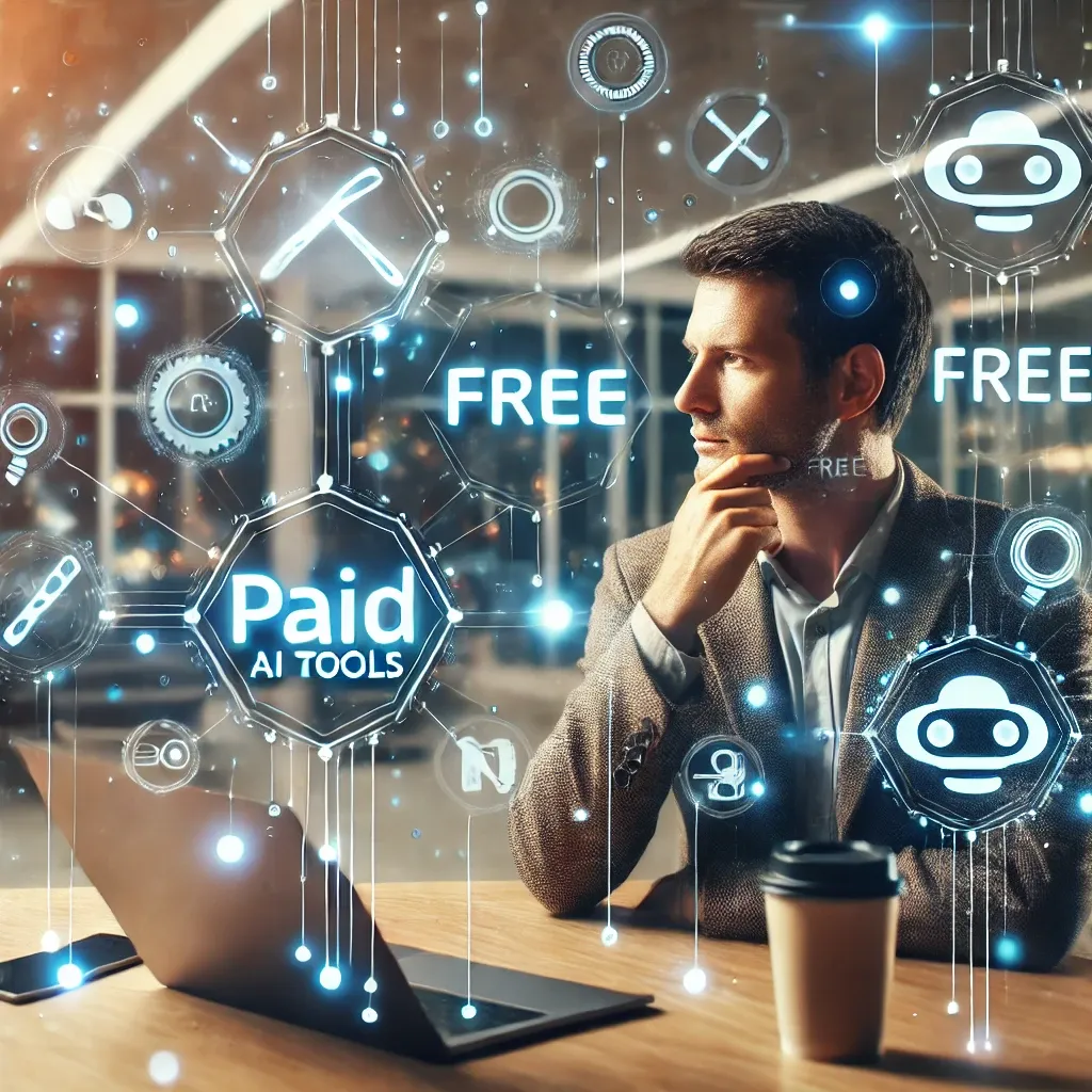 An image of a person sitting at a desk with a laptop, surrounded by various floating AI tool icons labeled ‘Paid’ and ‘Free.’ The person looks thought