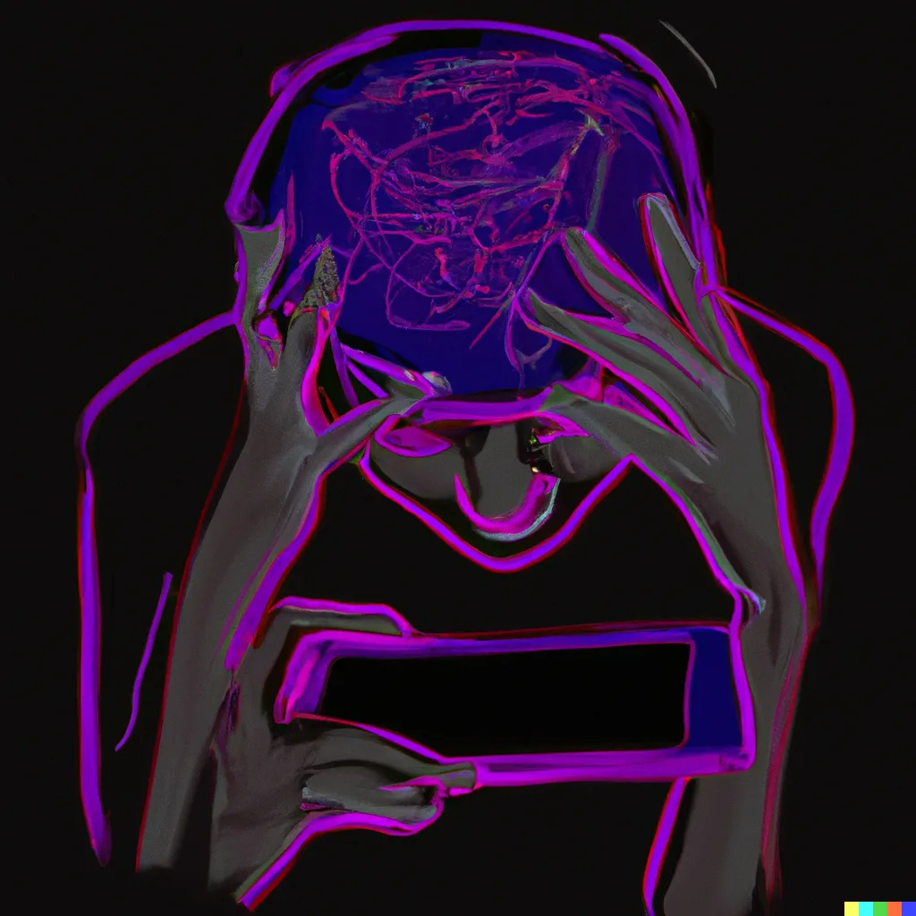 An artwork on a black canvas featuring vibrant fuchsia and violet elements, depicting a human figure holding a phone screen close to their face with both hands while displaying signs of discomfort, symbolising the experience of a migraine. The picture is generated by DALL- E3