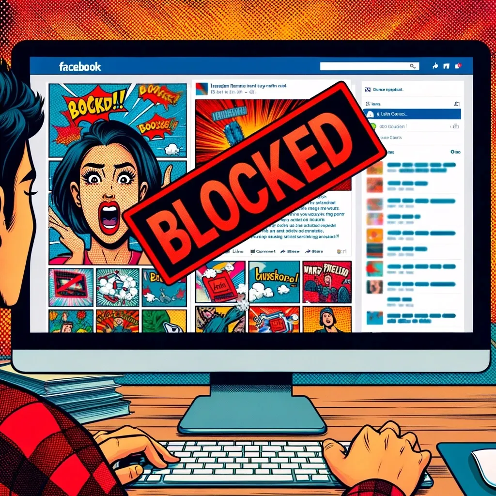 IMAGE: A comic-style illustration of a Facebook user’s feed with one update being blocked