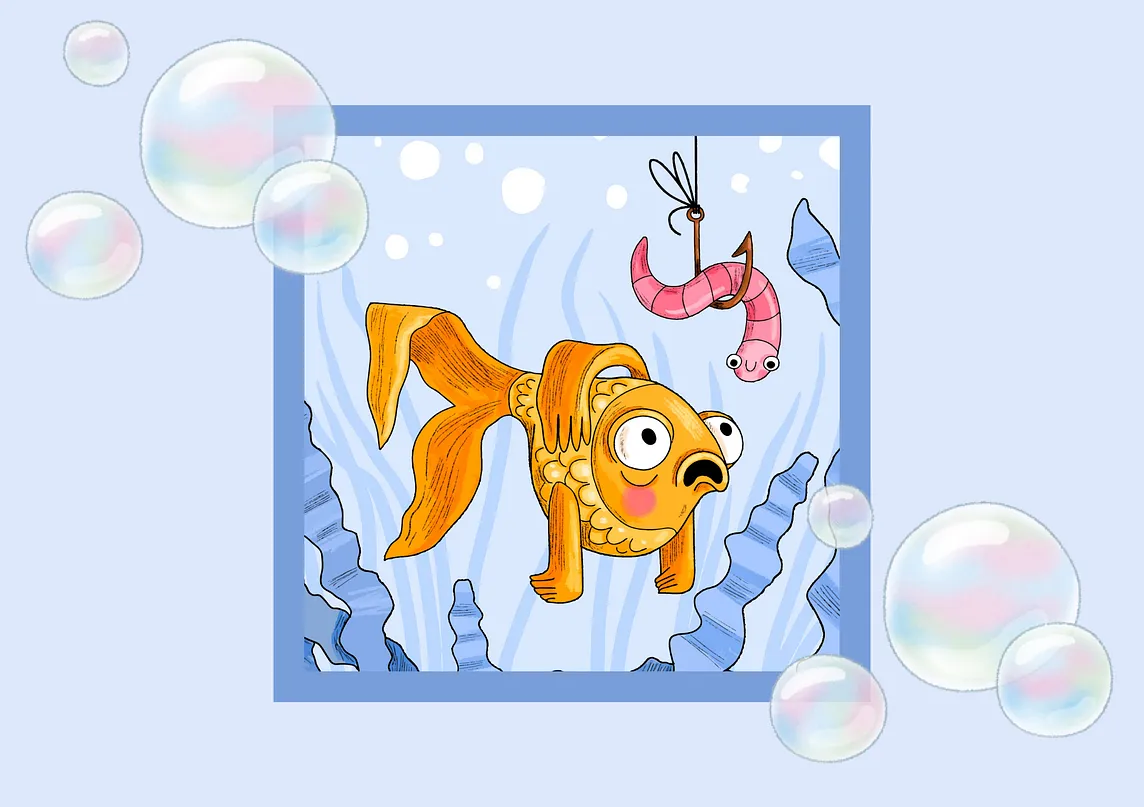 A cartoon of a goldfish looking at a fish on a hook with surrounding bubbles