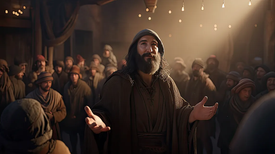 Jesus wearing a brown cloak and hood with arms outstreched speaks to a group of his followers.