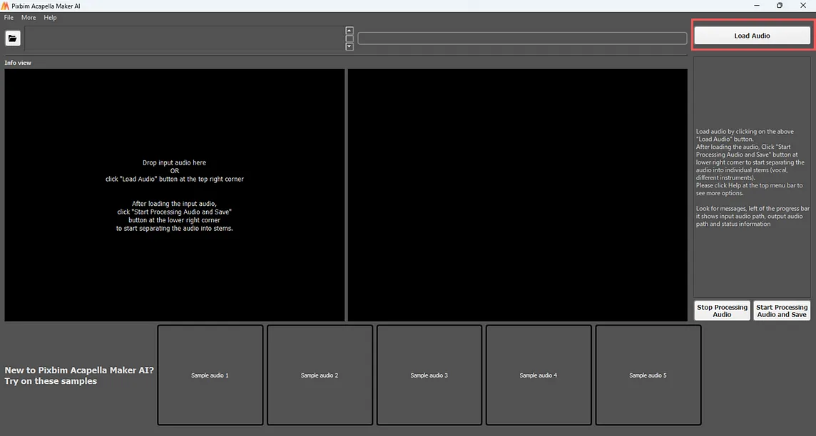 The screenshot highlights loading of input song into Pixbim Acapella Maker AI.