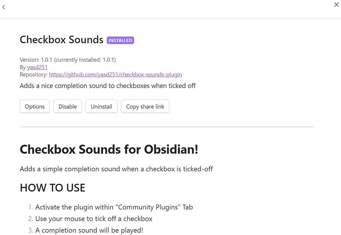 Picture showing a screenshot of the community plugins tab with the Plugin: Checkbox Sounds.