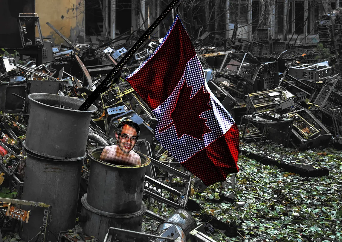 https://pluralistic.net/2024/11/14/radical-extremists/#sex-pest An e-waste dump. In the foreground are two waste-barrels. A limp Canadian flag emerges from the left barrel; the nude head and shoulders of a grinning Tony Clement emerge from the right barrel. Image: JeffJ (modified) https://en.wikipedia.org/wiki/File:Tony_Clement_-_2007-06-30_in_Kearney,_Ontario.JPG CC BY-SA 3.0 https://creativecommons.org/licenses/by-sa/3.0/ — Jorge Franganillo (modified) https://commons.wikimedia.org/wiki/