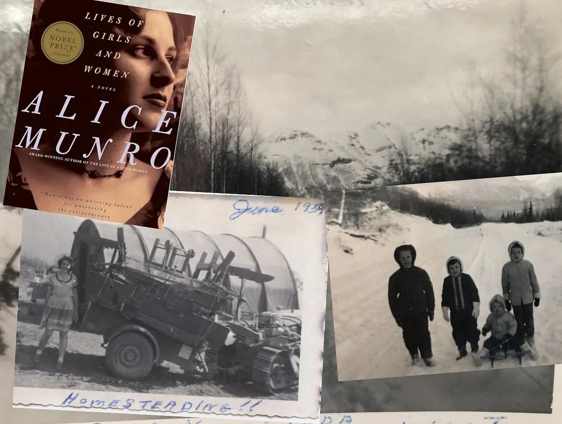 Image of Alice Munro’s book, The Lives of Girls & Women, photo of the author’s mother with trailer loaded with furniture, the author & her siblings as children in the snow of Alaska.