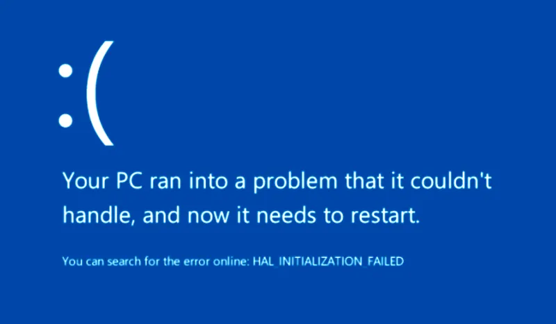 The infamous Microsoft blue screen of death. It has a huge unhappy face icon :( and says that the PC has run into a “problem it couldn’t handle” and needs to start.