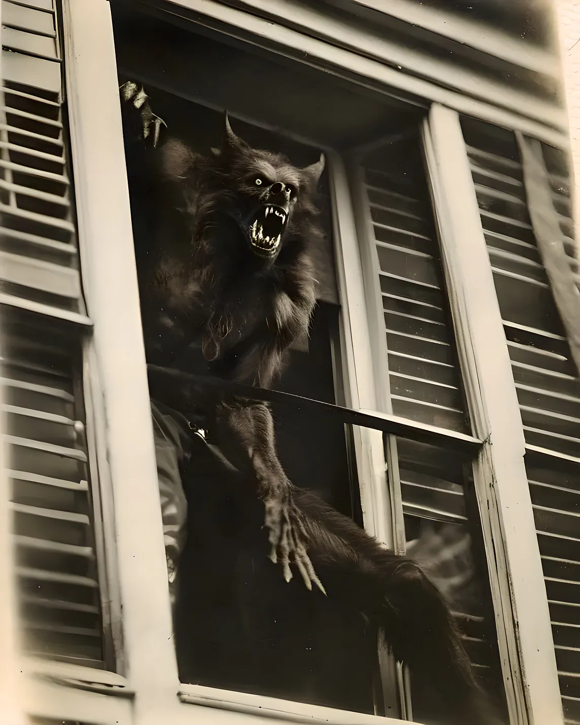 A werewolf snarling and angry crashes through a window.