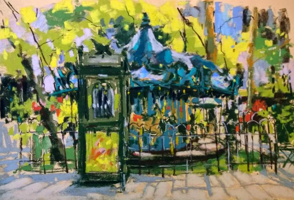Pastel drawing of the Bryant Park carousel in NYC