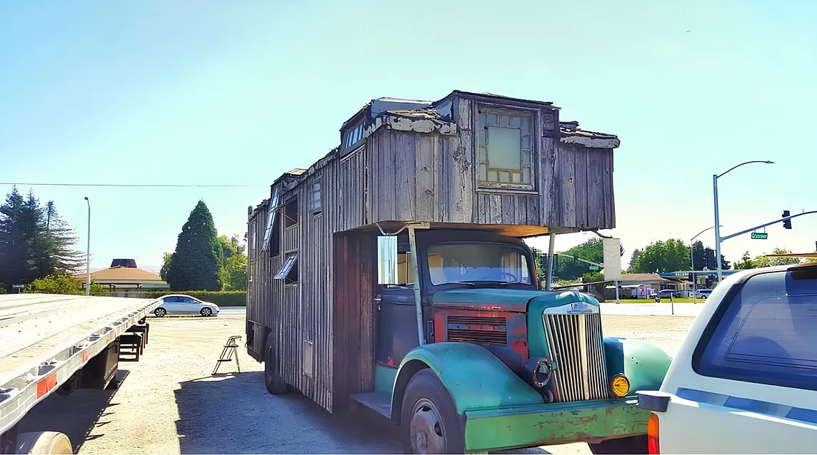 A truck carrying a house, illustrating a creative approach to housing on the move.
