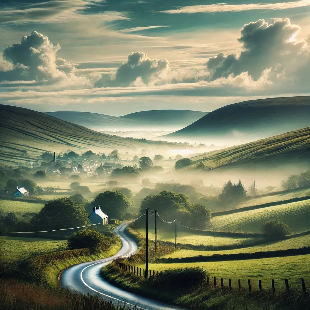 A misty Irish landscape with rolling green hills and a blue sky. In the foreground, a winding country road leads to a distant village.