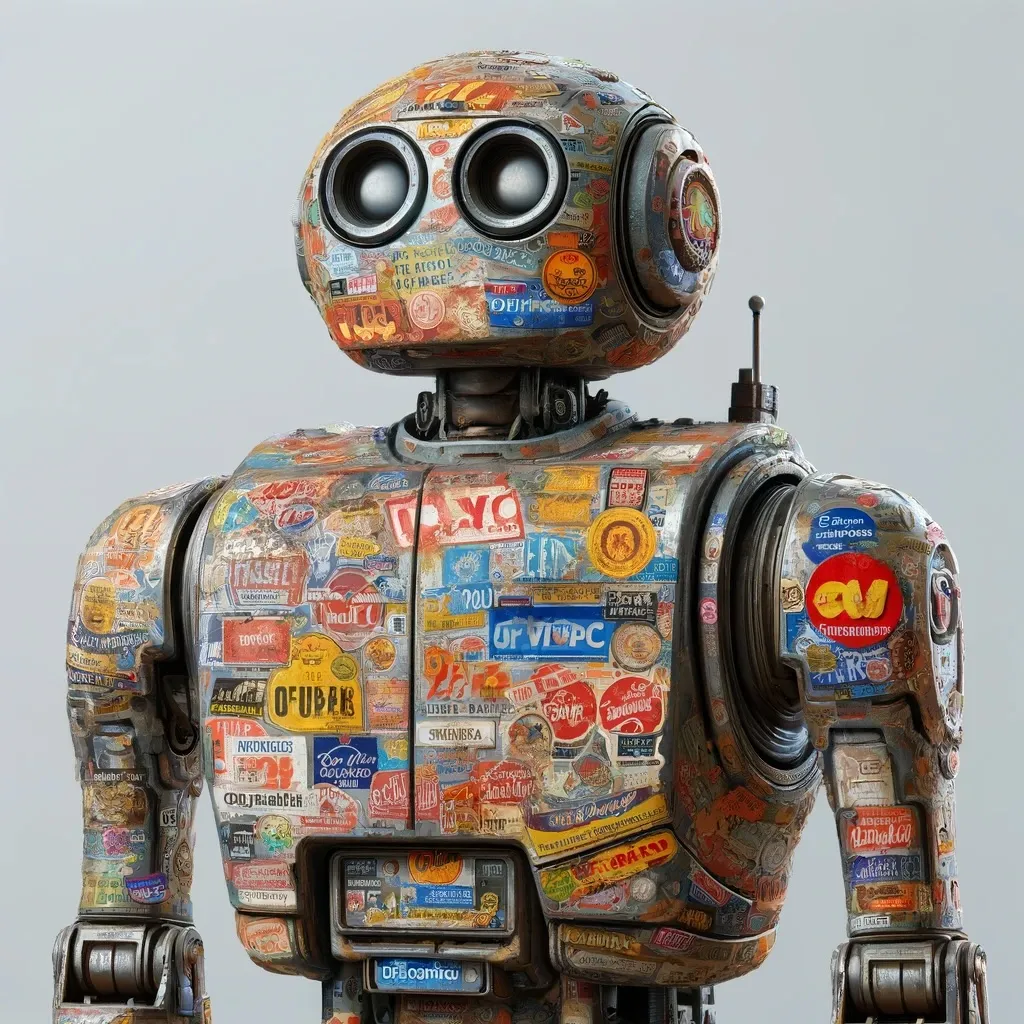 IMAGE: An illustration of a robot covered in old, worn-out advertising stickers, capturing the robot’s aged and well-used appearance, with a surface cluttered with peeling and faded stickers from various promotions