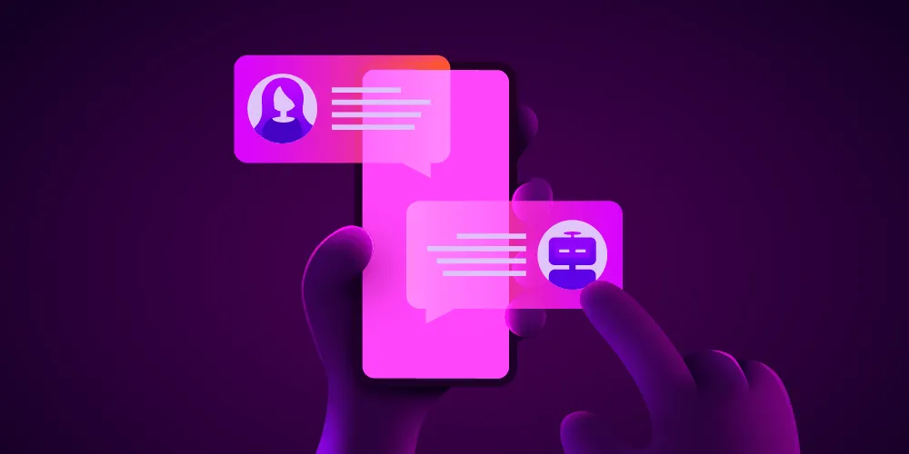 A graphic of a lit-up phone screen showing chat, with one message from a person and another from a bot. A person is holding the phone and hovering their finger over the chat.