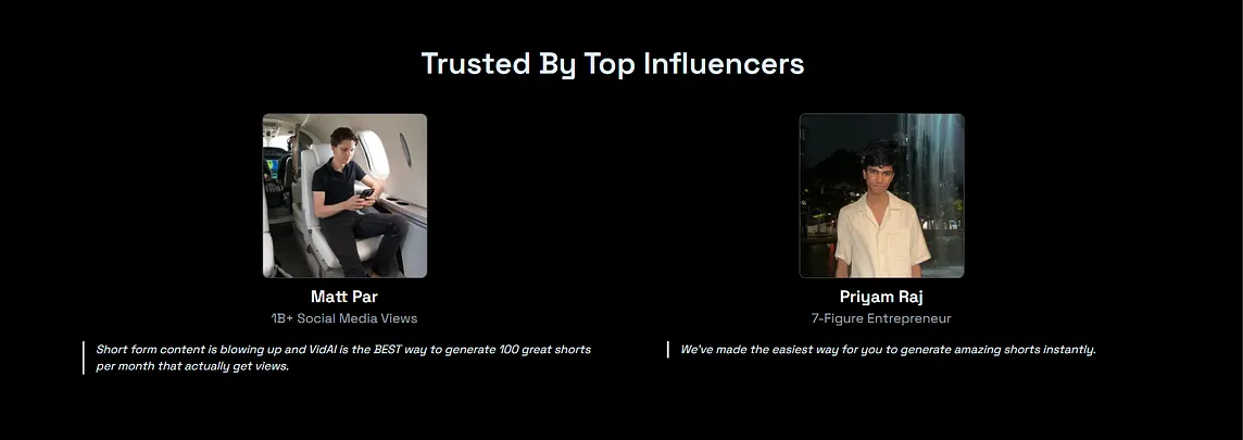 Matt Par and Priyam Raj, endorsing Vid.ai as a tool for generating short-form video content efficiently