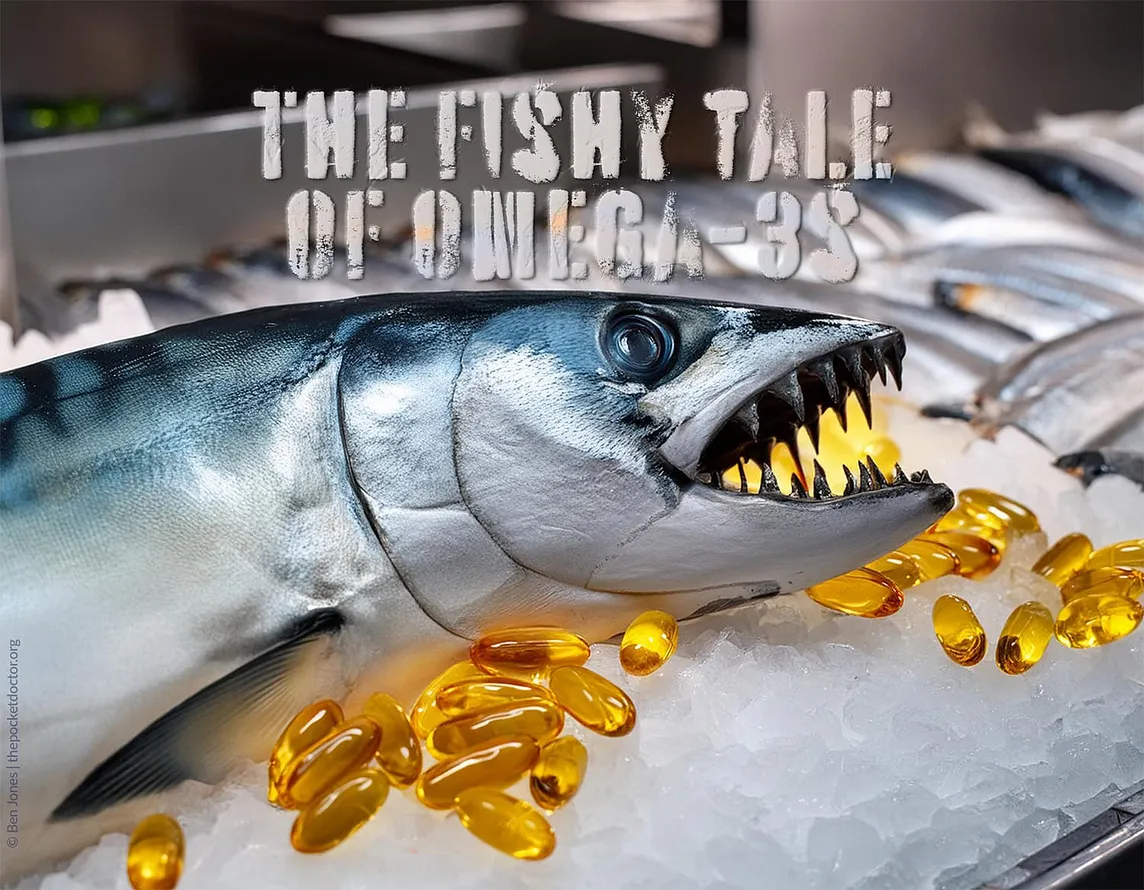 A sinister image of a mackerel with the teeth of a shark lying on a fishmonger’s iced table with fish oil capsules. Marine omega-3s may be putting your life at risk.