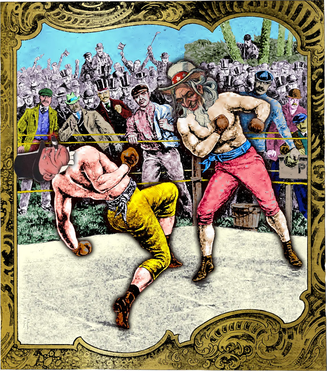 A 1901 cover of FAMOUS FIGHTS magazine, an engraving depicting an outdoor boxing ring in which a triumphant boxer has knocked his opponent back into the ropes. A crowd of old-fashioned men crowd around the fight and cheer. The image has been altered. It has been colorized in false watercolor tones. The head of the triumphant boxer has been replaced with a grinning Uncle Sam. The head of the vanquished boxer has been replaced with a cigar-chomping, top-hatted capitalist from a midcentury Soviet p