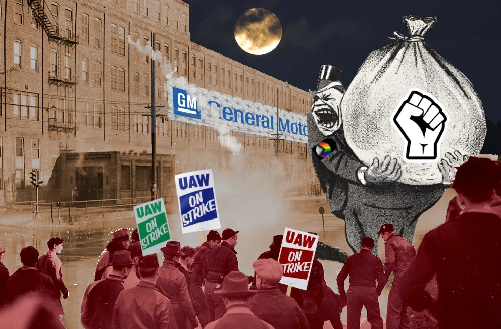 A group of striking workers in front of a factory with a General Motors sign. They are confronting a screaming capitalist caricature who is holding a giant loot sack emblazoned with a Black Lives Matter fist. He wears a Pride-flag armband. A full moon rises behind the scene. The strikers bear UAW strike signs.