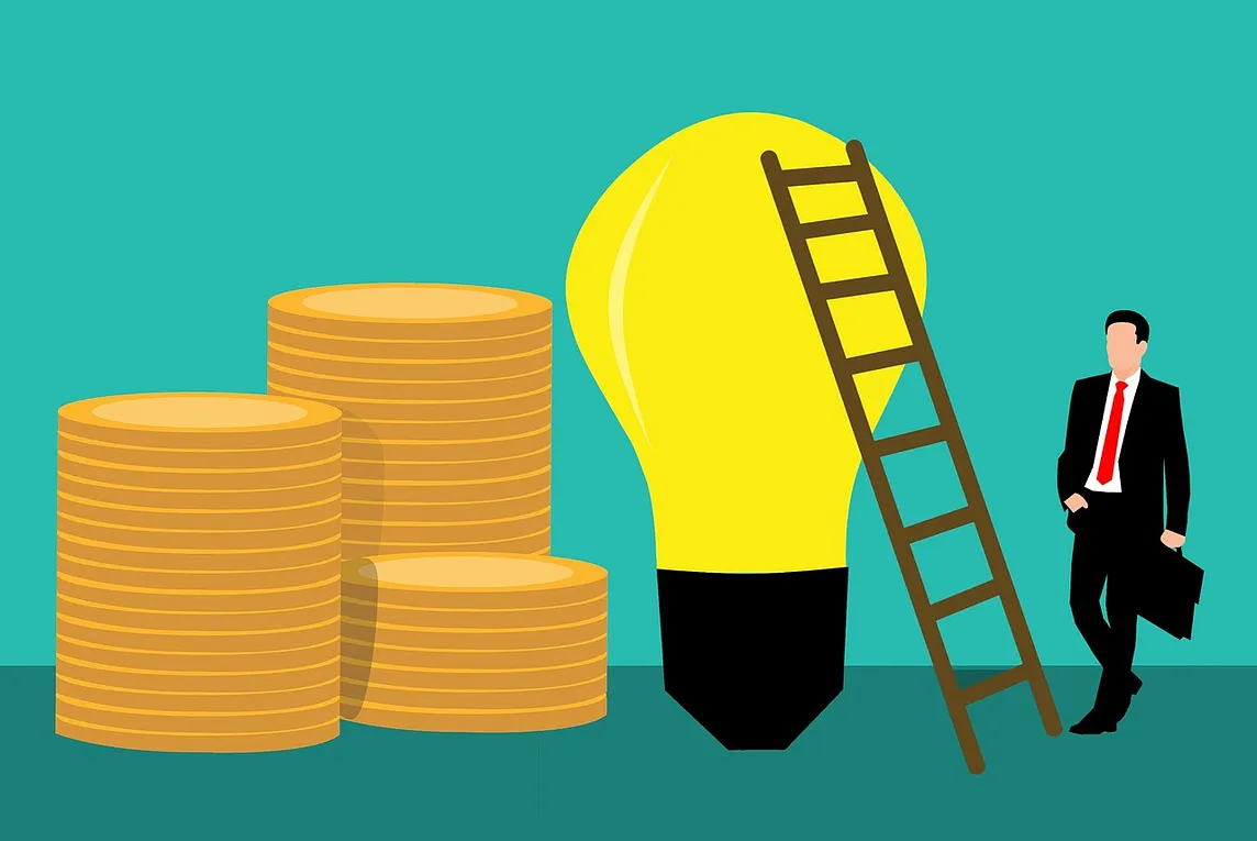 IMAGE: A drawing of an entrepreneur with a ladder leaning on a lightbulb and a pile of money beside it