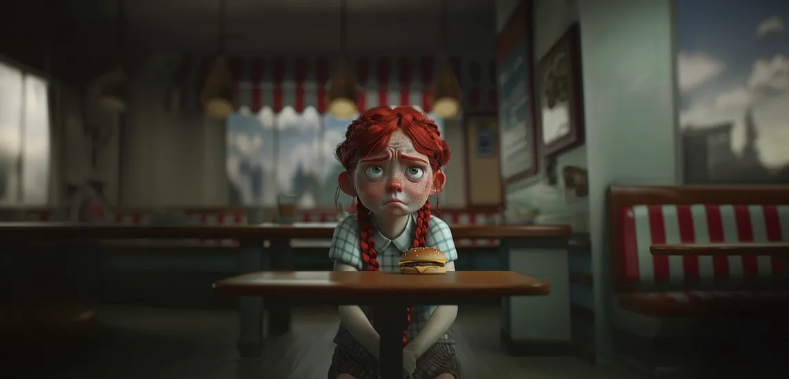 A sad Wendy’s mascot sitting in an empty restaurant with a plain burger on the table in front of her.