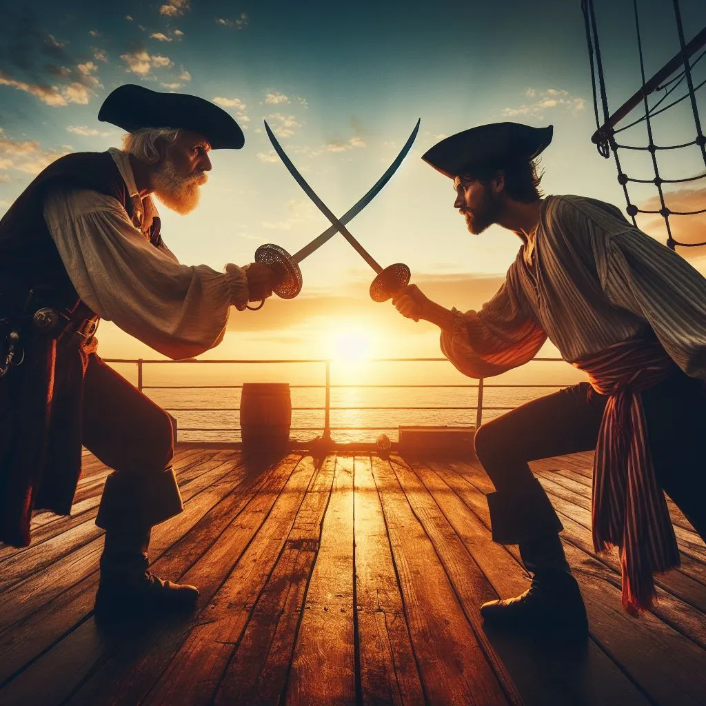 An old man and young pirate duel with swords at dawn on the deck of a ship.