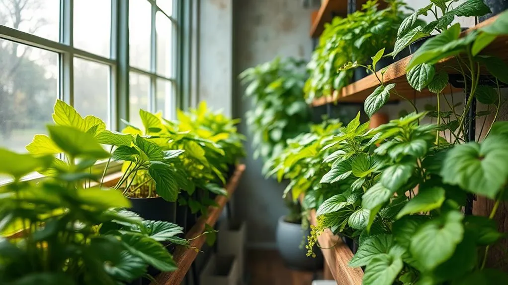 A serene indoor garden scene featuring lush valerian plants in hydroponic systems, vibrant greens contrasting with rustic wooden shelves, gentle sunlight filtering through a large window, and water droplets glistening on the leaves.