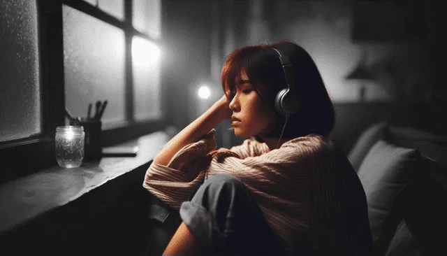 A young woman listening to music with headphones.