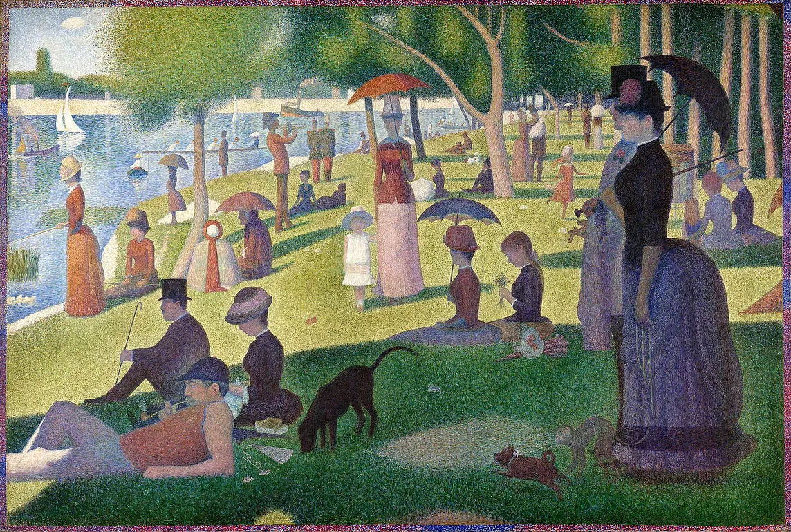 Georges Seurat’s A Sunday on La Grande Jatte — 1884 depicts a serene riverside park filled with elegantly dressed Parisians enjoying a sunny afternoon. Rendered in Pointillism, the painting uses tiny dots of color to form a harmonious scene. Figures sit, stand, and stroll under the shade of trees, with sailboats gliding on the Seine in the background. Details like a woman with a parasol, a black dog, and a monkey on a leash add charm to this timeless and tranquil masterpiece.