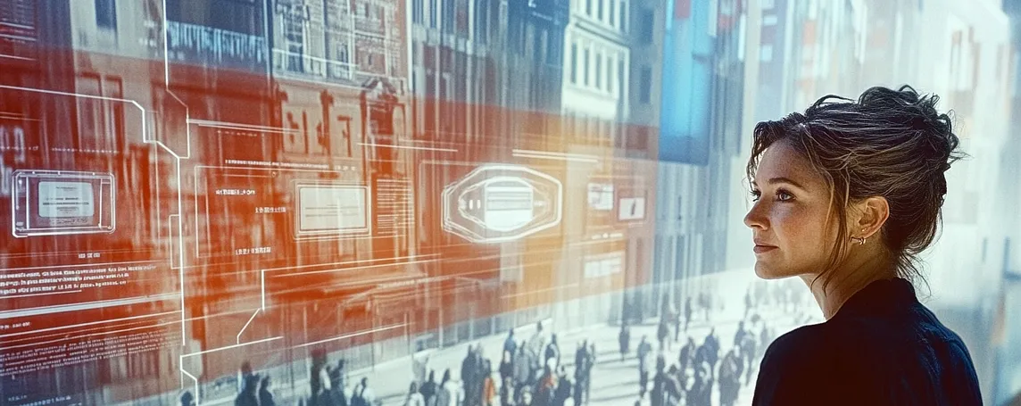 An AI-driven political campaign, featuring a futuristic city hall backdrop. Show Victor Miller, a librarian-turned-mayoral candidate, with an advanced AI chatbot named VIC (Virtual Integrated Citizen) displayed on a large screen beside him. Include a diverse crowd showing mixed emotions — some excited, others skeptical. The scene should capture a moment of AI governance being introduced to the public, emphasizing a balance of optimism and uncertainty. Elements like digital screens, holograph