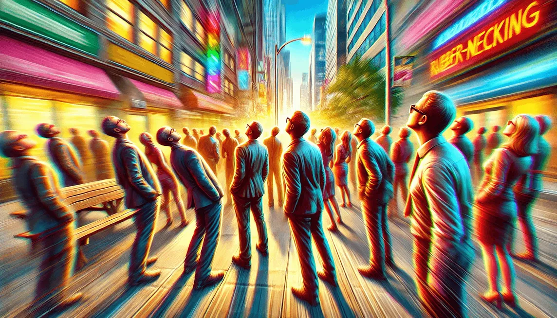 A lively scene of a crowd on a city street, all turning their heads in unison toward the same direction with expressions of awe and curiosity, set against a blurred urban background to emphasize movement and focus