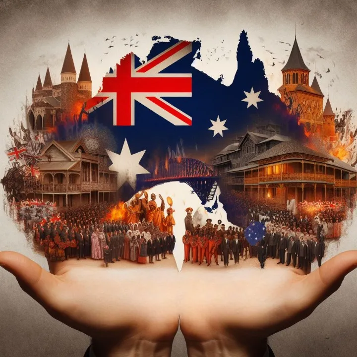 Hands holding the country of Australia surrounded by peoples of multiple nationalities, dressed in historical attire, in an aggressive stance facing one another.